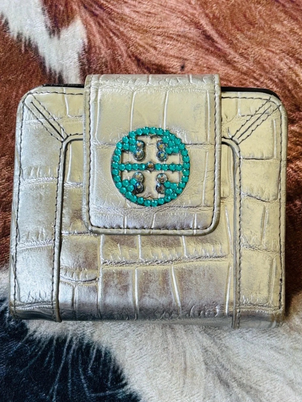 Tory Burch Metallic Silver Croc-Embossed Leather Bifold Wallet Teal Crystal Gems